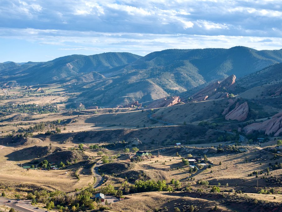 Aerial view of the valley with Red Rocks Park in the distance