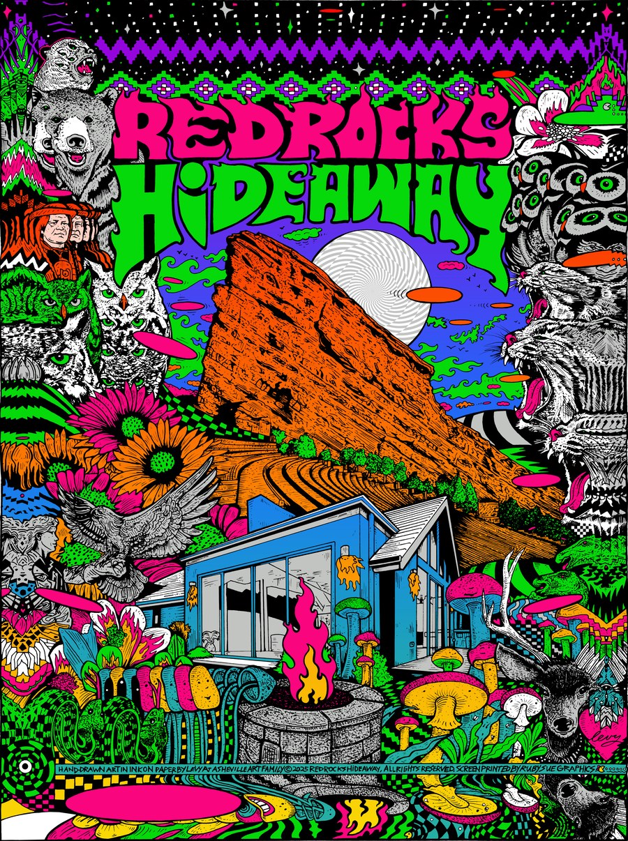 Red Rocks Hideaway limited edition print by Josh Levy: neon Red Rocks with the glass-gabled house, fire pit, mushrooms and mountain animals
